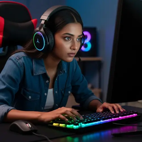 Intense South Asian Female Online Gamer on Colorful Backlit Keyboard