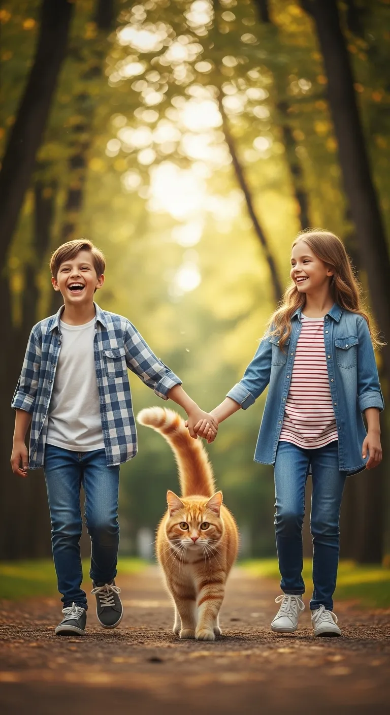 Ginger Cat Walking Proudly with 12-Year-Old Boy and Girl in Park