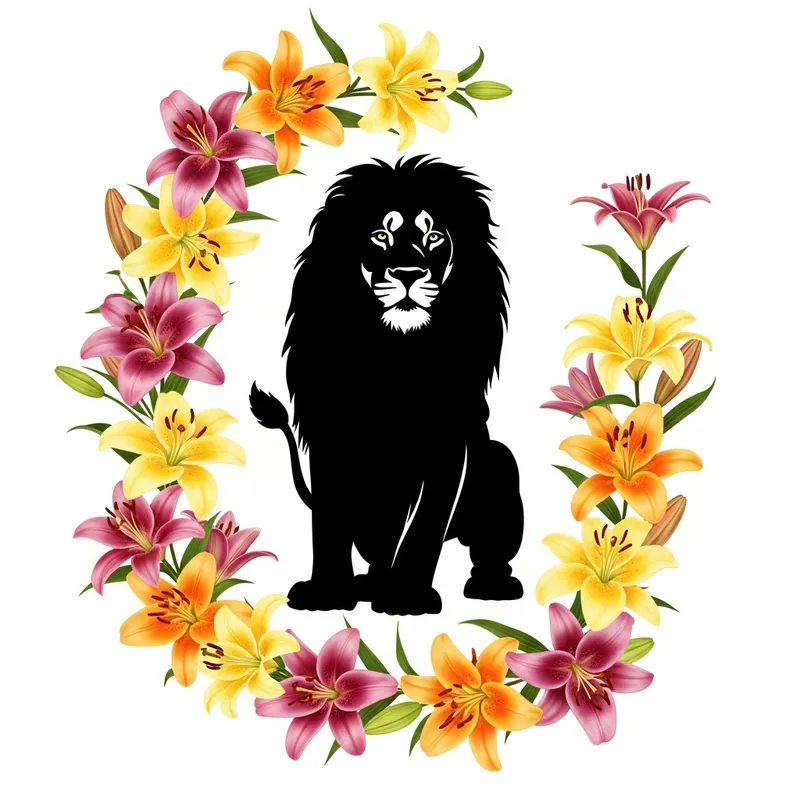 Majestic Lion Silhouette Among Lily Flowers