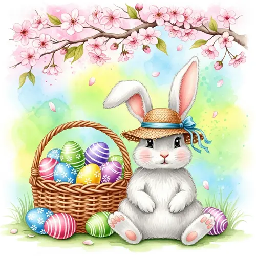 Easter Bunny with Colorful Eggs | Cherry Blossom Tree
