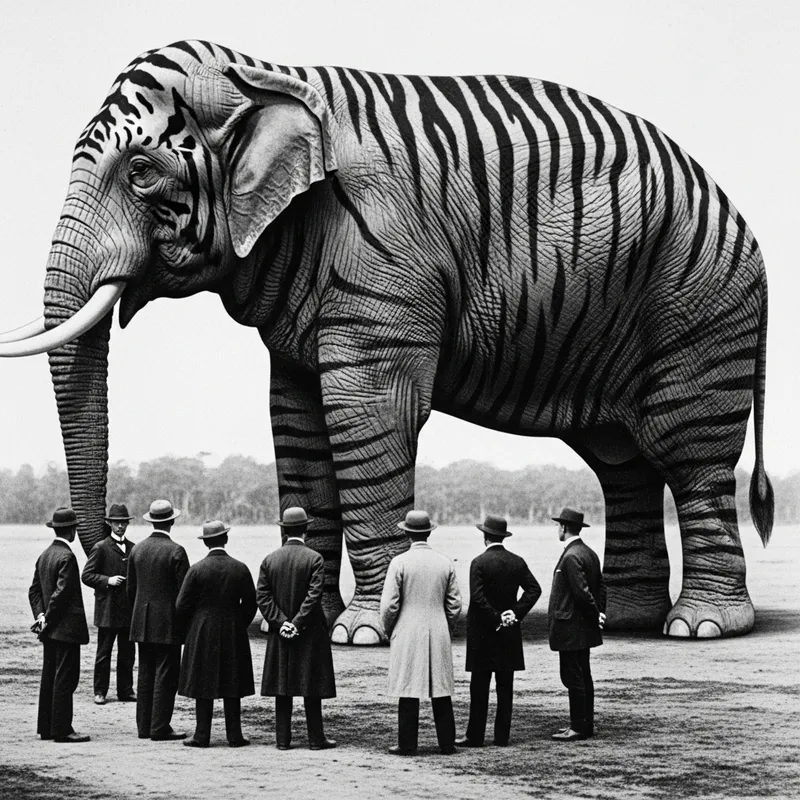 Monochrome Image of Colossal Tiger-Striped Elephant and Scientists Monochrome Image of Colossal Tiger-Striped Elephant and Scientists