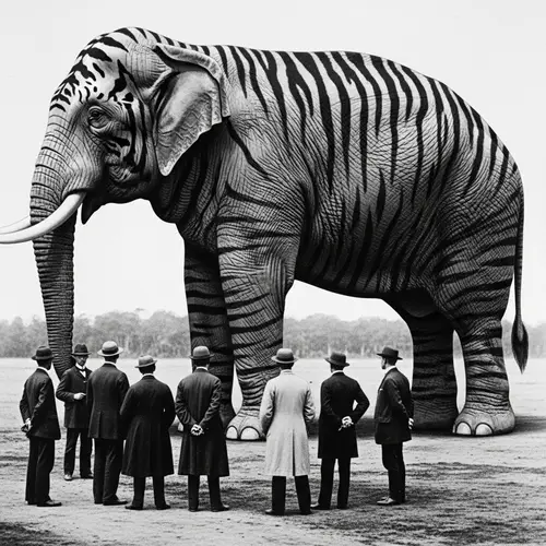 Colossal Tiger-Striped Elephant and Research Scientists