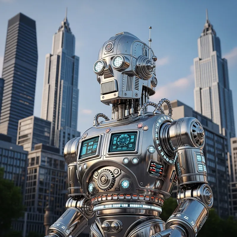 Futuristic Silver High-Tech Robot in Urban City