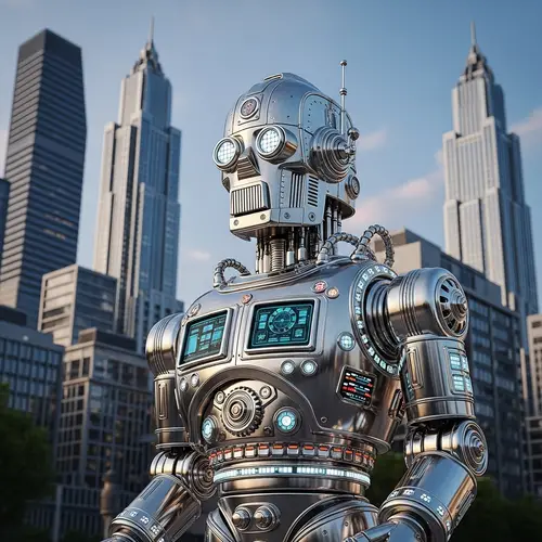 Futuristic High-Tech Robot in Urban City | Silver Exterior