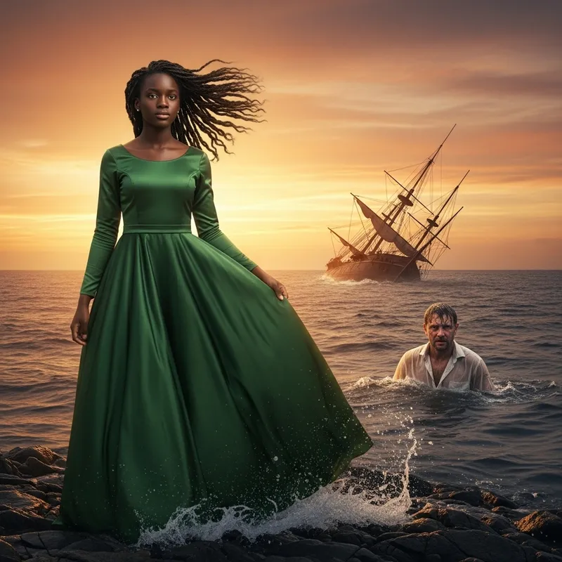 Dramatic Scene: Girl in Green Dress, Ship Sinking and Man in Water