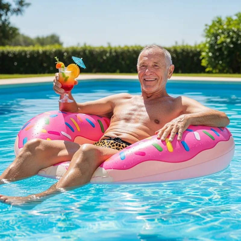 Grandfather Relaxing in Leopard Print Swim Trunks on Pool Donut