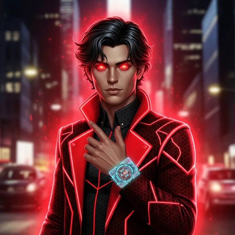 Mysterious Spy Character with Red Eyes in Night City