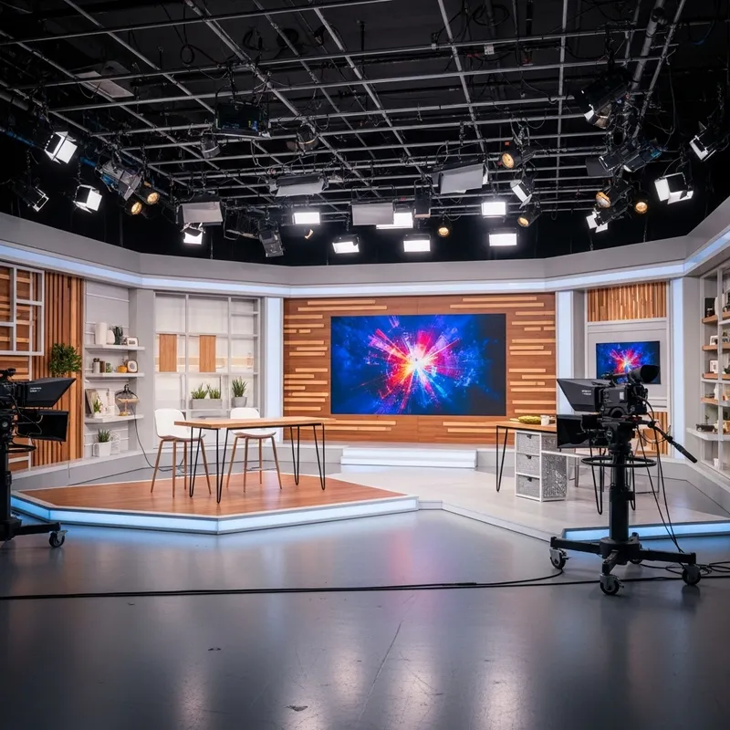 Vibrant TV Show Studio Setting with Large Screen Display