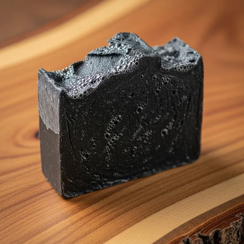 Natural Handmade Charcoal Soap on Rich Wooden Surface