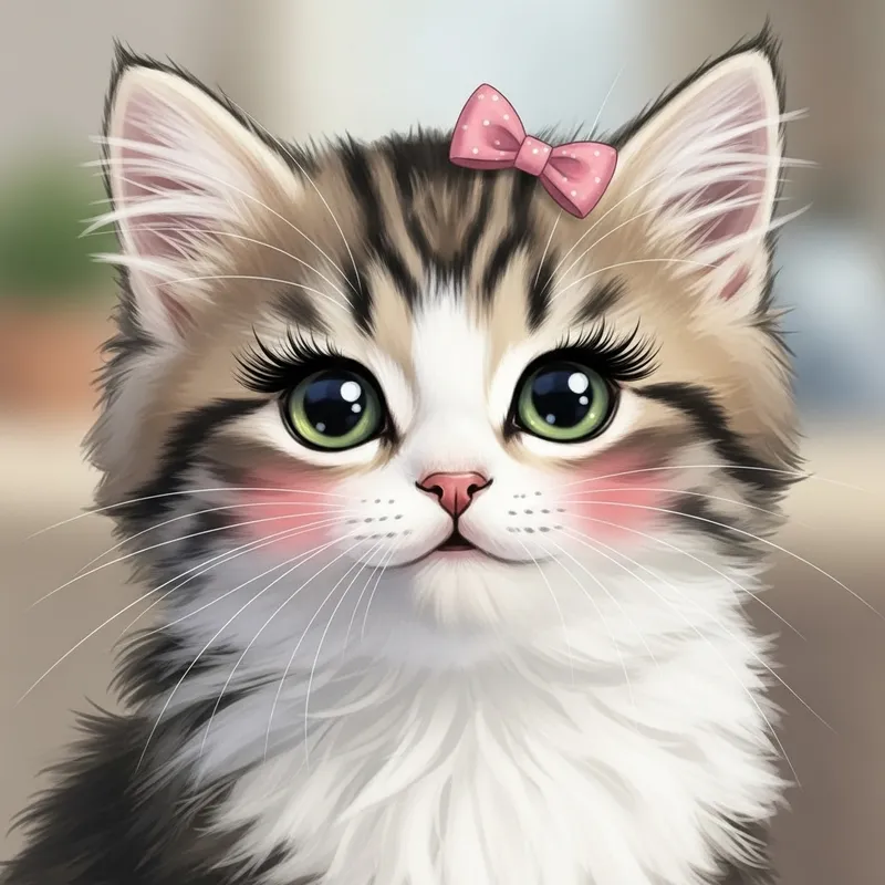 Illustration of Adorable Kitten with Cheerful Expression and Cute Bow