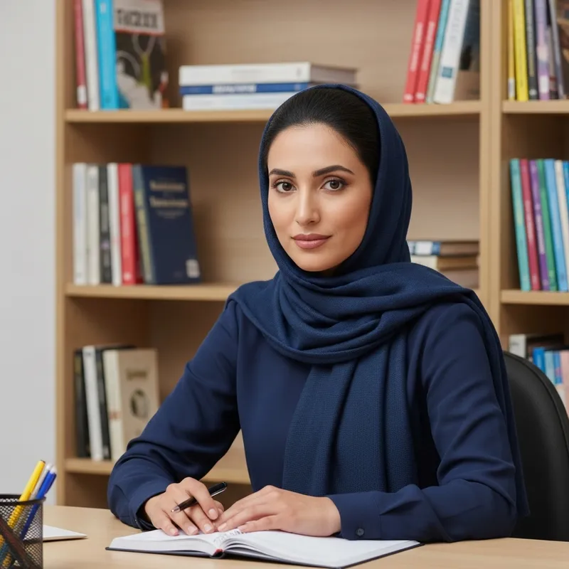 Elegant Hijabi Teacher at Desk with Library Background