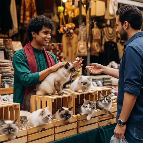 Bustling Market Scene with Curious Cats and Charismatic Individual
