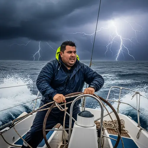 Hispanic Man Battling Storm at Sea in Small Sailboat