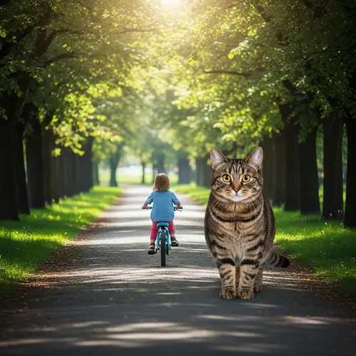 Child Bike-Riding in Lush Park with Housecat - Magical Scene