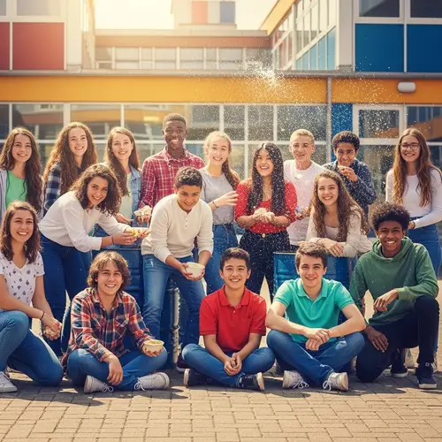 Diverse Teenage Students Playfully Interact in School Courtyard