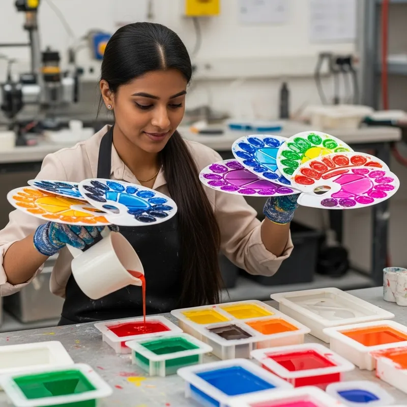 Pouring Polyurethane Resin: Colorful Workshop with Smiling Girl and Molds