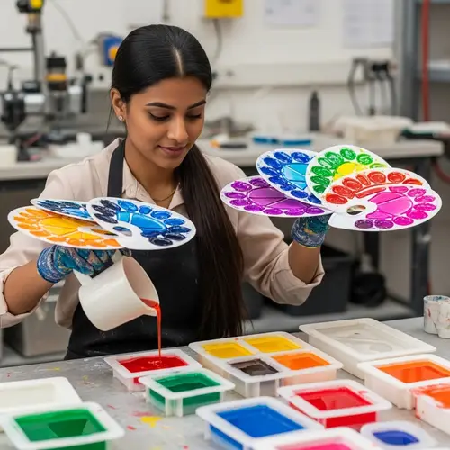 Polyurethane Resin Workshop: Vibrant Scene with Woman and Color-Filled Molds