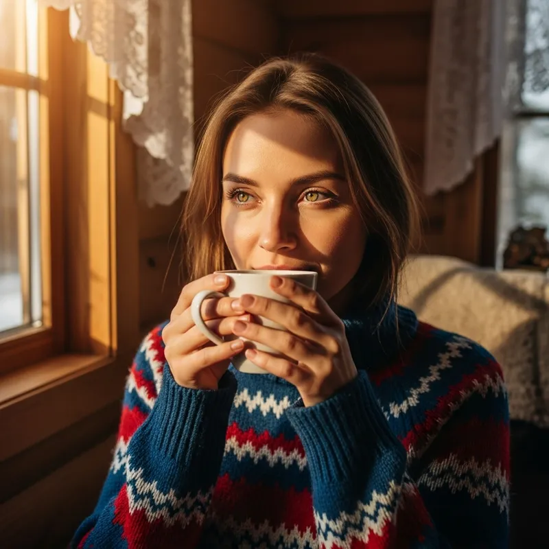 Captivating Image of Lovely Russian Woman Enjoying Tea in Cozy Cabin