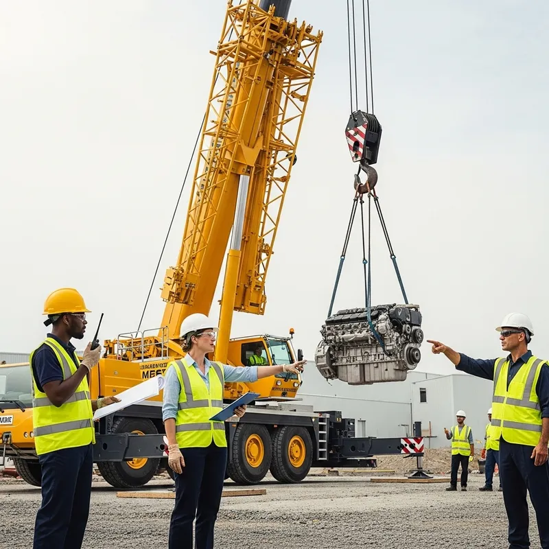 Realistic Illustration of Critical Lifting Operation with 200-tonne Mobile Crane and Diverse Characters Realistic Illustration of Critical Lifting Operation with 200-tonne Mobile Crane and Diverse Characters