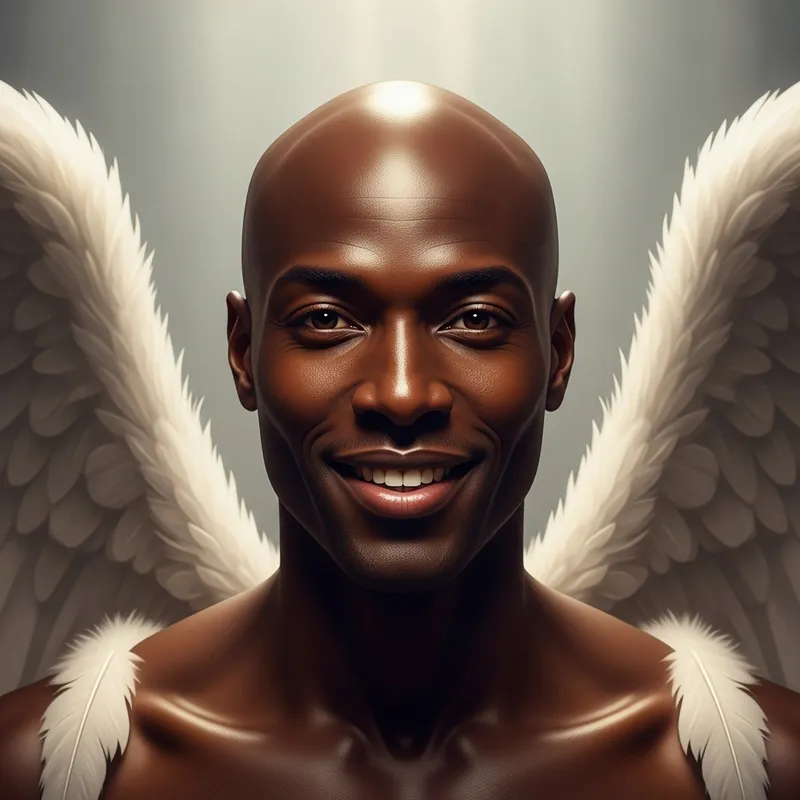 Seductive African-American Man with Angel Wings and Immaculate Smile