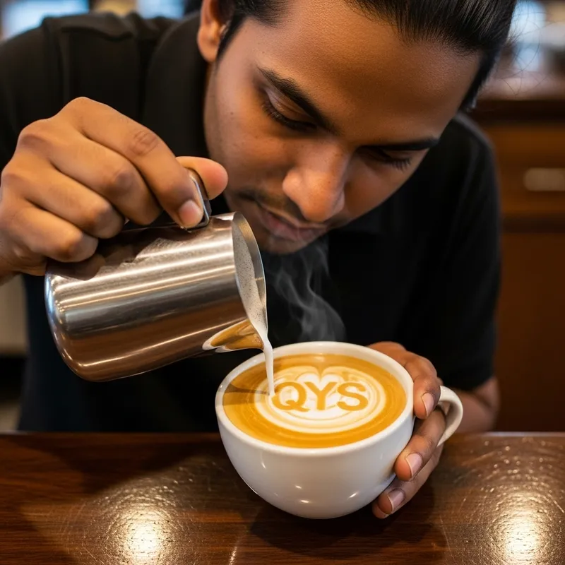 Barista Creating QYS Latte Art | Vibrant Contrast Close-Up View