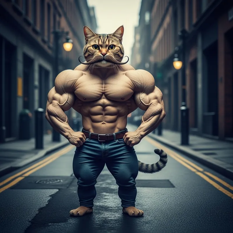 Muscular Mustache Cat in Ominous Alley - Bold Feline Pose