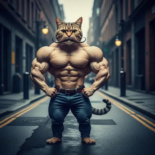 Muscular Mustache Cat on Ominous Street - Powerful Feline Stance