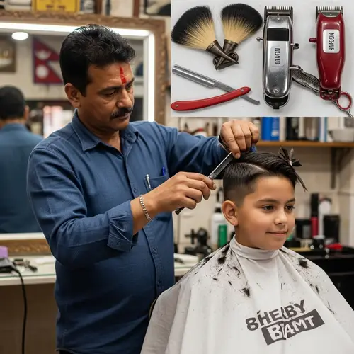 Charming Nepalese Barbershop Scene with Traditional Barber Tools