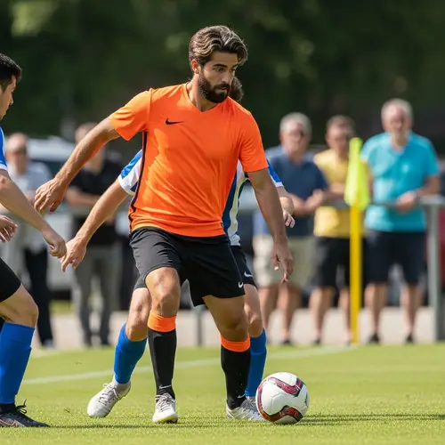 Dynamic Footballer Dodging Rivals on Soccer Field