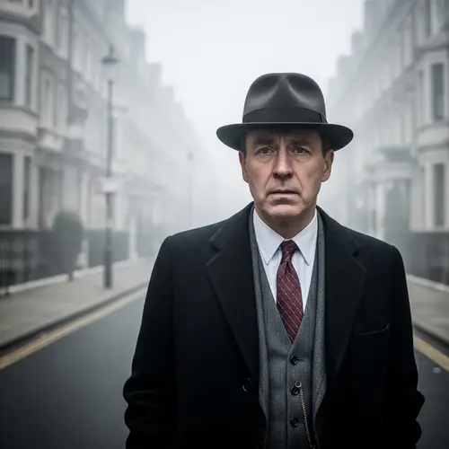 Anxious 1950s Caucasian Man in London Fog