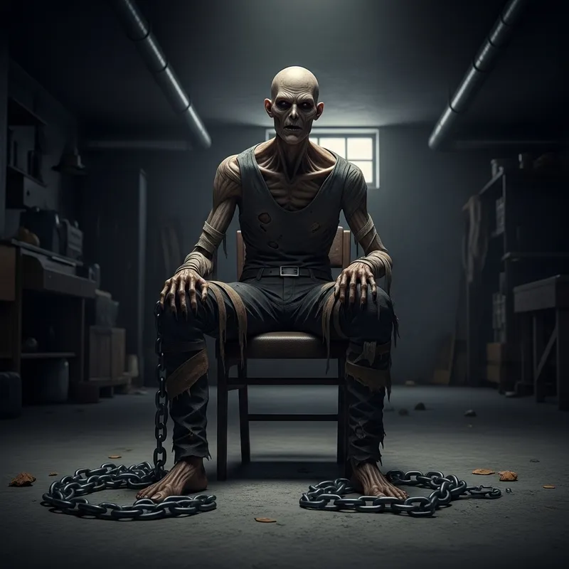 Gaunt Monster in Dimly Lit Basement: Tale of Confinement