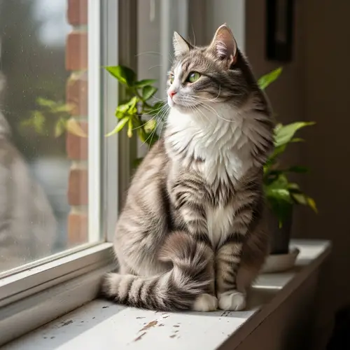 Serenely Sitting Fluffy Cat on Windowsill | Bright Green Eyes