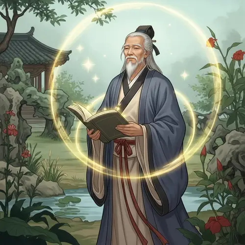 Wisdom and Tranquility in Traditional Garden: East Asian Elder with Grey Hair and Beard
