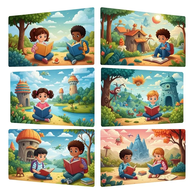 Dynamic Children's Book Poster: Diverse Kids Reading & Exploring Fantasy Realms