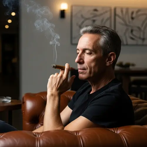 Middle-Aged Man with Gray Hair and Cigar | Modern Interior Setting