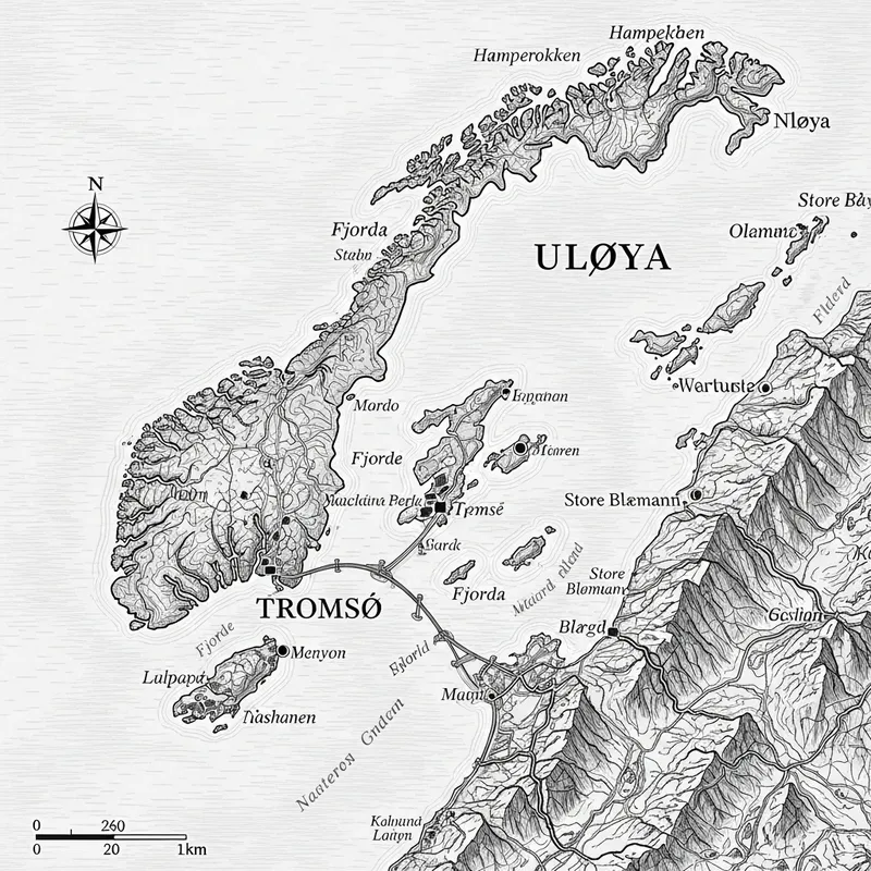Black and White Illustration of Tromsø and Uløya on a Norway Map