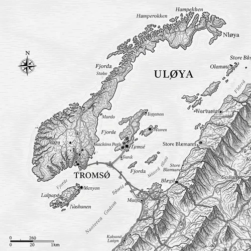 Black and White Map Illustration of Tromsø and Uløya, Norway