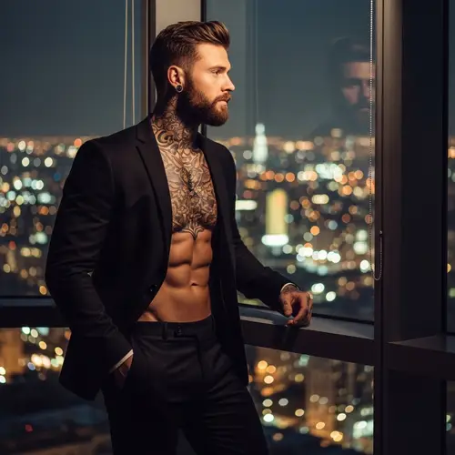 Charismatic Man in Black Suit by City Lights - Urban Romanticism