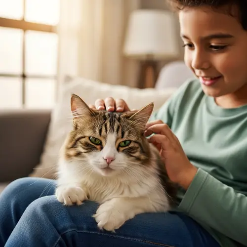 Adorable Fluffy Feline and Young Boy Enjoying Quality Time Together