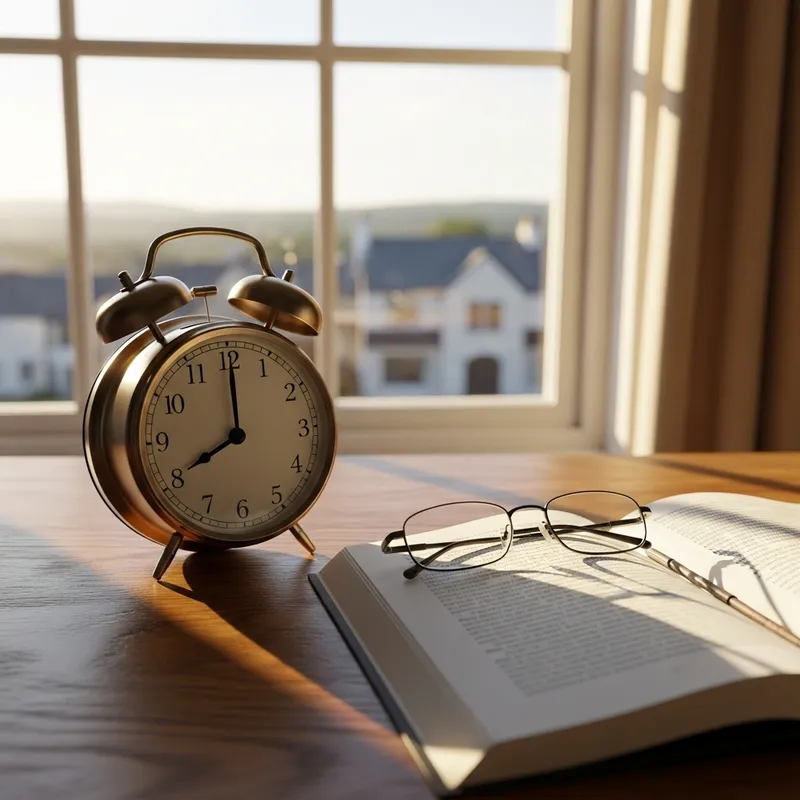 Morning Scene with Analog Alarm Clock on Oak Wood Table