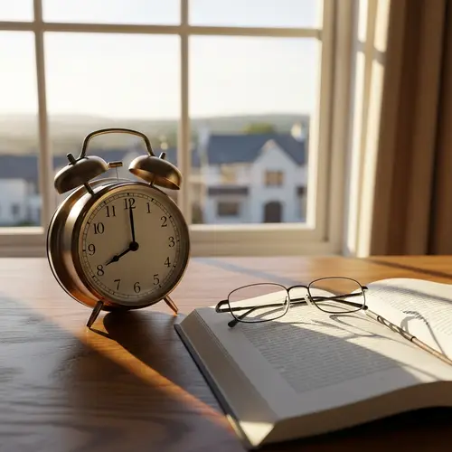 Classic Analog Alarm Clock on Oak Wood Table | Morning Scene