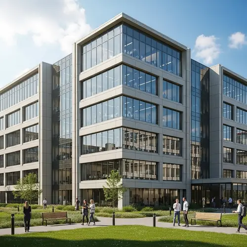 Modern Multi-Storied Building with Glass Exterior