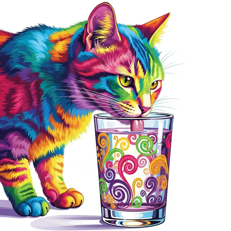 Colorful Cat Drinking Water from an Intriguing Glass