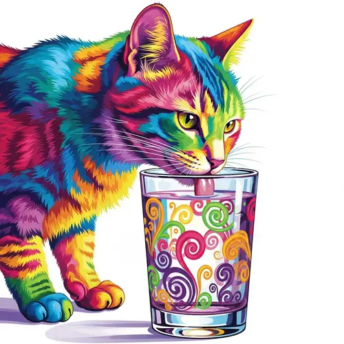 Vibrant Cat Drinking Water from Colorful Glass