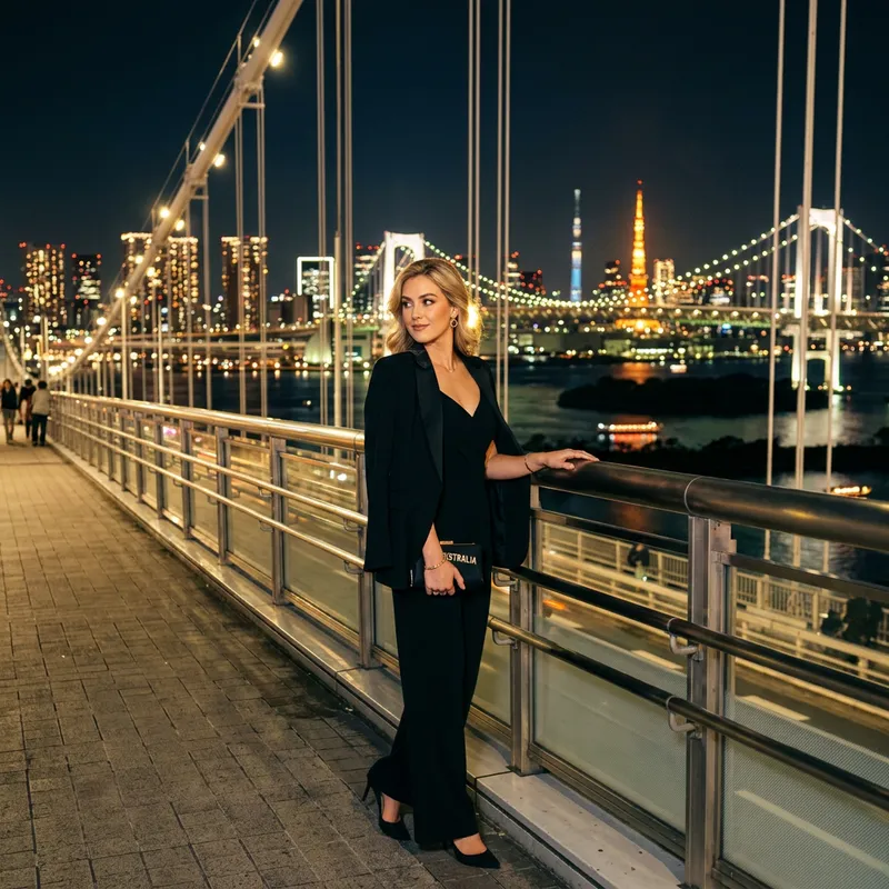 Glamorous Night Look on Rainbow Bridge, Tokyo