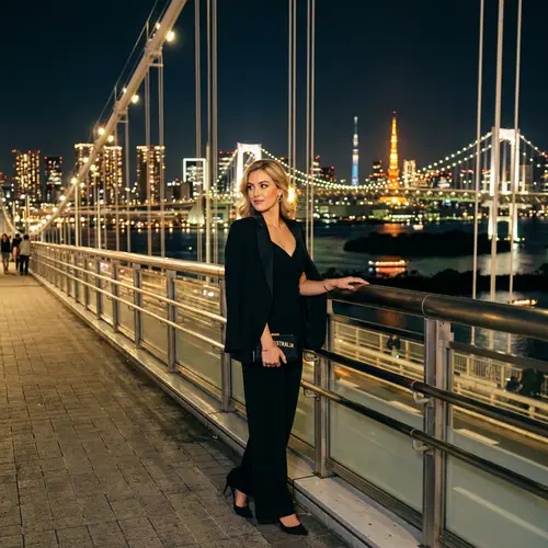 Glamorous Night Look on Rainbow Bridge, Tokyo