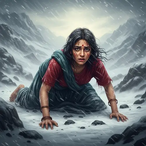 Baroque Style South Asian Woman Battling Snowstorm in Mountainous Terrain