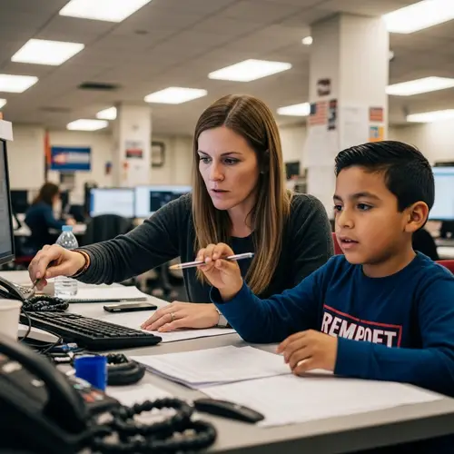 Determined Project Coordinator Orchestrating Major Campaign with Young Hispanic Boy