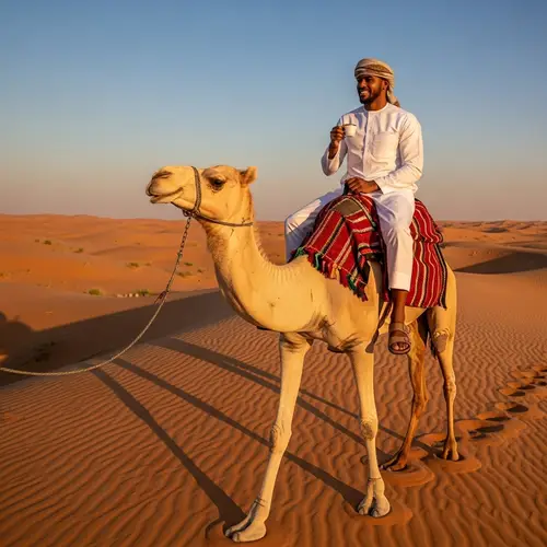 Messi in Saudi Attire Riding Camel with Saudi Coffee