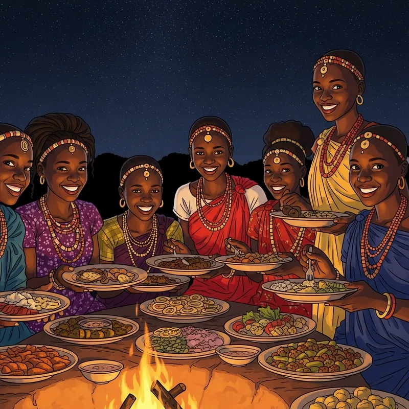 African Young Girls Enjoying Traditional Village Feast at Night Under Starlit Sky